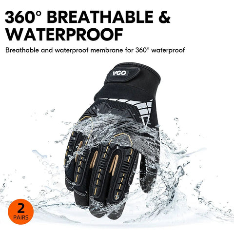 Waterproof Winter Mechanic Gloves With High Dexterity And Tough As Nails Protection Impact And Vibration Reduction 2 Pair Pack Black And Gold Size M, showcasing 360° waterproof design in water splash.