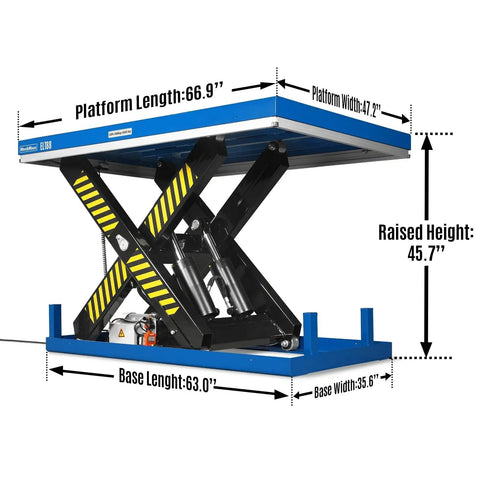 Heavy Duty Electric Hydraulic Lift Table With Wireless Remote 8,800 Lb Capacity big platform 66.9 x 47.2 inches, detailed dimensions view.