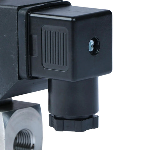 Close-up of Quarter Inch High Pressure Solenoid Valve 12V DC Stainless Steel Industrial Valve For Water Gas Oil And Fluids Heat Resistant