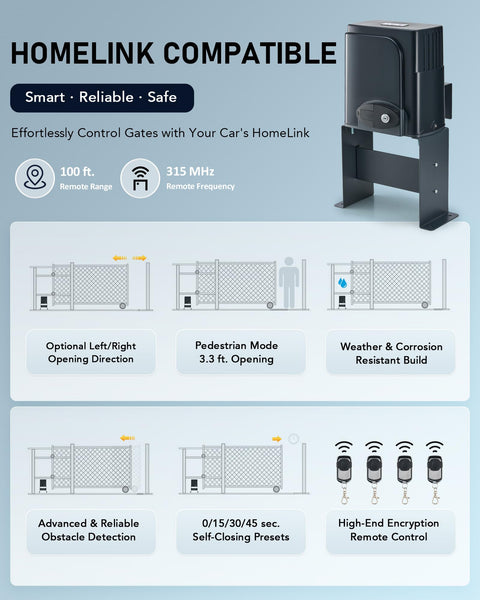 Heavy Duty Sliding Gate Opener for 40 Ft Gates Up To 1400 Lb With 280W Chain Drive, IR Sensors, HomeLink Compatible design
