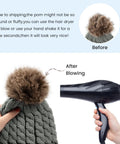 Cozy Cable Knit Beanie Hats for Women With Faux Fur Pom Poms 2 Pack Winter Set, pom before and after blow dry