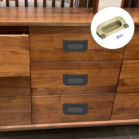 Dresser with installed 74mm Ring Pull Handles Set, Bronze Zinc Alloy, Hidden Recessed Flush Mount Furniture Grips, 4 Piece with screws