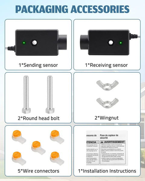 Packaging accessories for Garage Door Safety Sensor For LiftMaster And Chamberlain Openers Beam Eyes Replacement No Bracket Included DIY Friendly Compatible With 1993 Through Late 1990s Models Easy Install For Home Security including sending and receiving sensors, bolts, wingnuts, wire connectors, and instructions.