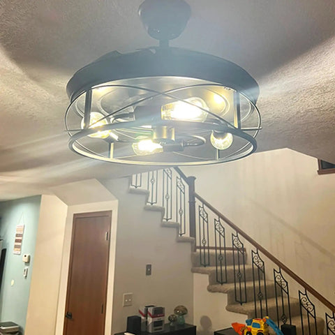 42 Inch Retractable Ceiling Fan With Lights Remote Control And Wall Switch Inverter Dual Control Six Speeds And One Two Four Hour Timer Caged Industrial Farmhouse Rustic Black Dope Vibe.