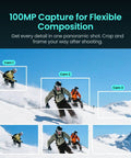 100MP skiing shot captured with 8K Panoramic 360 Camera for vlogs and adventure shots with 1 inch sensor equivalent high resolution
