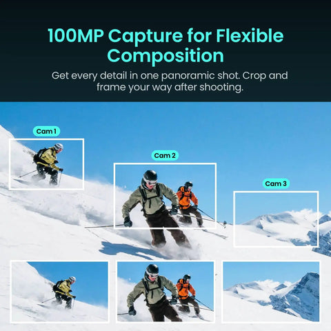 100MP skiing shot captured with 8K Panoramic 360 Camera for vlogs and adventure shots with 1 inch sensor equivalent high resolution