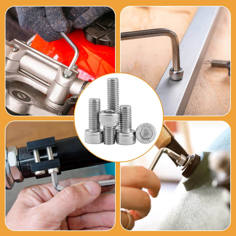Installation and close-up of Must-Have 1/4-20 Hex Socket Head Cap Screws Set, 175-Piece Stainless Steel 304 18-8 UNC Kit