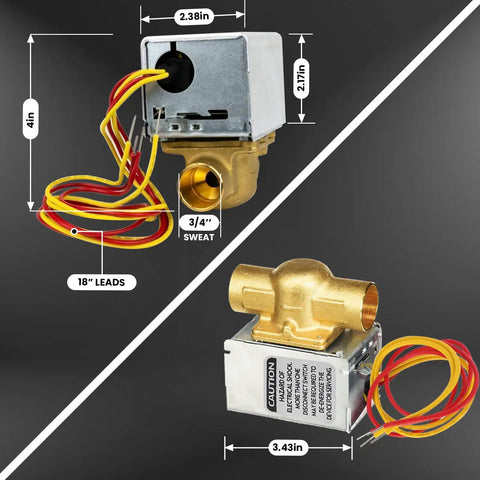 Replacement Motorized Zone Valve For Heating Systems With 3/4 Sweat Connection, dimensions and wires shown, brass body