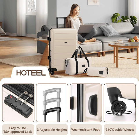 Expandable luggage set with spinner wheels, beige, includes carry-on, duffle, and toiletry bags, great for trips, home setting, Hoteel.