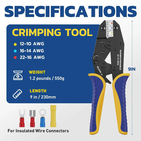 Ratcheting Crimping Tool For Insulated Wire Connectors, Works On AWG 22 Through 10, with Pro Grade Jaws and Color Coded Handles