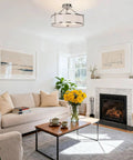 Living room with Three Light Brushed Nickel Semi Flush Ceiling Light With Fabric Shade And Glass Diffuser, 18 Inch Drum Style