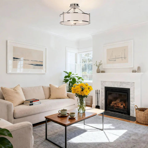 Living room with Three Light Brushed Nickel Semi Flush Ceiling Light With Fabric Shade And Glass Diffuser, 18 Inch Drum Style