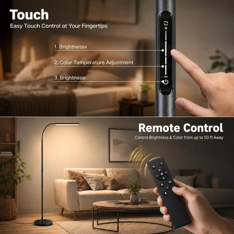 Lit LED Floor Lamp With Stepless Dimming And 3000K To 6000K Color Range, remote and touch control in living room setting