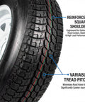 Close-up of Two Pack 15 Inch Trailer Tire And Rim Set ST20575D15 Load Range C With Five Lug Four Point Five Inch Bolt Pattern