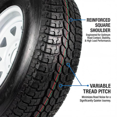 Close-up of Two Pack 15 Inch Trailer Tire And Rim Set ST20575D15 Load Range C With Five Lug Four Point Five Inch Bolt Pattern