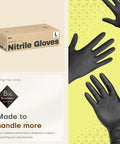Box of Heavy Duty 8 Mil Nitrile Gloves Featuring A Rock Solid Diamond Grip Pattern Chemical Resistant And Powder Latex Free Construction Ideal For Kitchen Tasks Or Shop Work Tough As Nails Black Set Of 50 Large, with hands showing gloves.