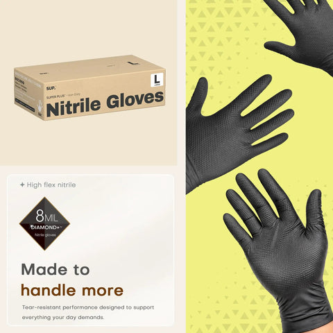 Box of Heavy Duty 8 Mil Nitrile Gloves Featuring A Rock Solid Diamond Grip Pattern Chemical Resistant And Powder Latex Free Construction Ideal For Kitchen Tasks Or Shop Work Tough As Nails Black Set Of 50 Large, with hands showing gloves.