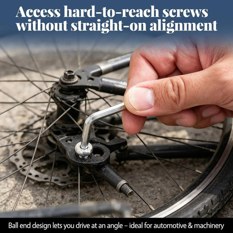 Using 8 Piece Metric Allen Wrench Set With Key Ring For Easy On The Go Fixes on bicycle wheel, Chrome Vanadium Hex Key in hand