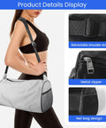 Lightweight Underseat Gym Duffel Bag For Women And Men Waterproof And Tear Resistant Travel Sports Bag 15 X 8 X 8.3 Inches Carry On, shown on model with retractable strap, metal zipper, and net bag design.