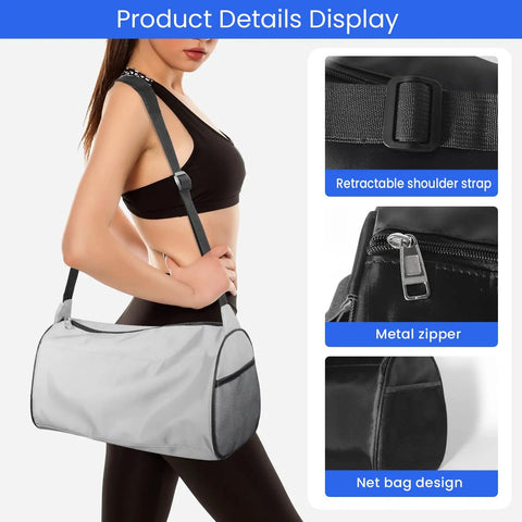 Lightweight Underseat Gym Duffel Bag For Women And Men Waterproof And Tear Resistant Travel Sports Bag 15 X 8 X 8.3 Inches Carry On, shown on model with retractable strap, metal zipper, and net bag design.