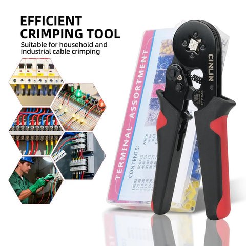 Grab This Epic Cinlin Crimping Tool Kit Featuring Self-Adjusting 4-Corner Ratchet Pliers, AWG 23 To 7 Gauge Ferrule Connectors, And A Massive 1800 Piece Terminal Set Perfect For Your Car Audio Setup Or Any Toughest DIY Projects Around The House Today. self-adjusting crimping tool with terminal kit and insulated wire connectors