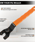 Universal Adjustable Pin Wrench For Angle Grinders And Power Tools With No Hassle Twist Knob Adjustment Heavy Duty Carbon Steel Spanner for Flange Projects with soft grip handle.