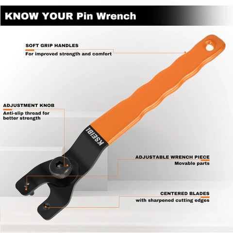 Universal Adjustable Pin Wrench For Angle Grinders And Power Tools With No Hassle Twist Knob Adjustment Heavy Duty Carbon Steel Spanner for Flange Projects with soft grip handle.