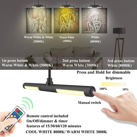 Rechargeable Picture Light With Remote demonstrating 3 color modes and dimmable settings for paintings and wall art display
