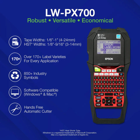 Commercial Heavy Duty Industrial Label Maker Kit Printing On Wide Heat Shrink Vinyl And Self Laminating Tape High Volume Rollback System Built Like A Tank For Daily Grind Jobs, front view showing keyboard and display.