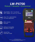 Built Tough Handheld Industrial Label Maker Kit Featuring Slick Rollback Technology And 18Mm Black On White Nylon Tape For No Hassle Heat Shrink Wraps And Job Ready Organization, showing the device with buttons.