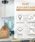 Boho Rattan Pendant Light Fixture With 72in Golden Cotton Cord Handwoven Hanging Lamp For Kitchen Island And Living Room Bulb Included