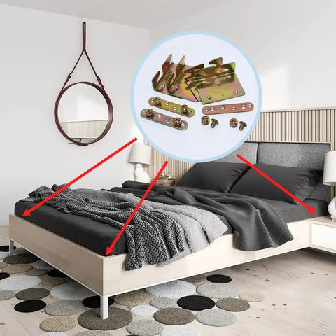Heavy Duty Bed Rail Brackets With Mounting Hardware, Non Mortise Double Hook Slot Bed Frame Connectors, Built Tough Iron Fittings For No Sweat Assembly And Foolproof Bedroom Renovations, Set Of Four displayed in a modern bedroom setting.