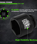 Beefy 9 Piece 6 Point Impact Socket Set With Jumbo SAE Size Range From 2 And 1 Sixteenth Inch To 2 And A Half Inch Forged Cr Mo Steel Black Oxide Finish For Extreme Torque And Long Life Plus One Half Inch Drive To Three Quarters Inch Adapter showing 2-1/16 inch socket with 6-point design.