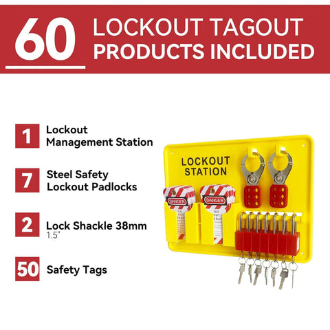Rock Solid Lockout Tagout Station Bundle With Full 60 Piece Electrical Safety Kit Featuring Rugged Steel Padlocks Secure Gate Lockouts And Bright Warning Tags For The Shop Or Construction Site
