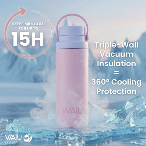 Portable Breast Milk Cooler Keeps Infant Formula And Breastmilk Icy Fresh For Up To 15 Hours With Triple Wall Vacuum Insulation Stainless Steel Build And Bpa Free Bottle Plus Ice Pack For No Sweat Road Trips in pink, showcasing 360° cooling protection.