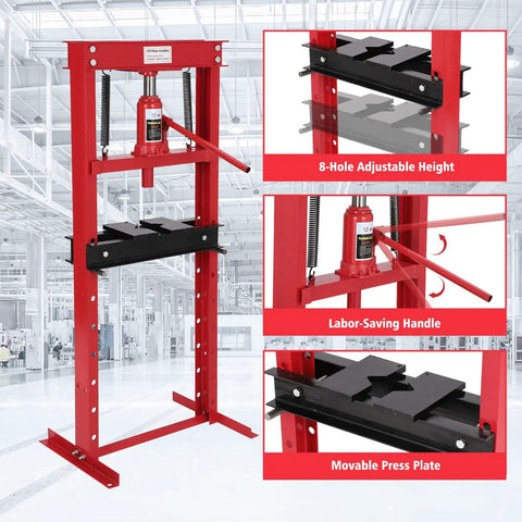 12 Ton H Frame Hydraulic Press for Benchtop Shop Use with Dual Press Plates Heavy Duty Steel Construction in factory setting