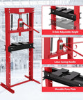 Pro Level 12 Ton Hydraulic Shop Press Rig With Adjustable Height Table and Secure Stamping Pads, featuring labor-saving handle and movable press plate.