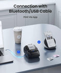 Wireless Bluetooth Thermal Label Printer For Home And Business Prints Two Inch Wide Shipping Labels On Standard Rolls Compact Desktop Maker With Three Included Rolls, Bluetooth and USB connection shown.