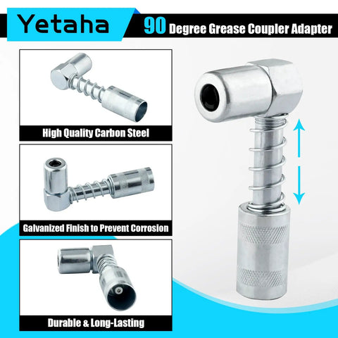 Product image of 90-degree grease coupler adapter included in 4 Pack Grease Gun Fitting Kit With 90 Degree Coupler And Needle Dispensers For Hard To Reach Zerk Fittings, Versatile Grease Gun Adapters For Cars, Trucks, And Heavy Machinery