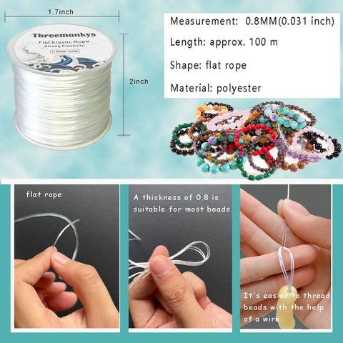 Flat 0.8 mm Elastic Bead Rope for Jewelry Making, Clear Polyester Spandex String, 100 m Roll, threading beads demonstration