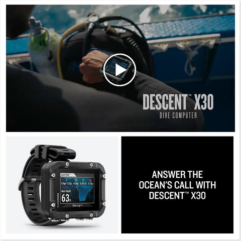 Descent X30 Dive Computer with Surface GPS, 2.4 Inch Display, and Multi-Gas Profiles, shown near a diver preparing gear.