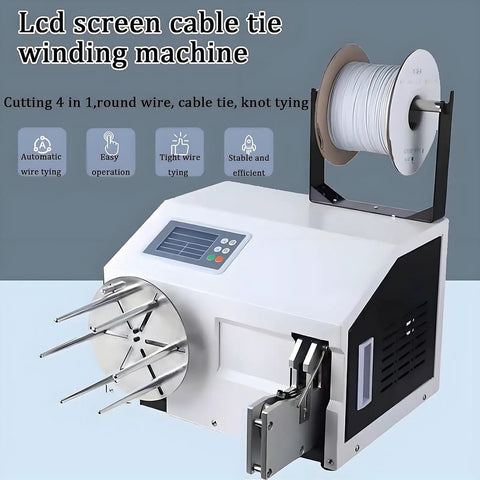 Slick Automatic Bundling Machine For Gold Wire Sealing With Fast Twist Tye Sealer And Smart Winding Function, displaying LCD screen and cable reel.