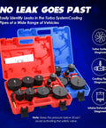 Front view of a 10-piece turbo system leakage tester kit in a red-blue plastic case with black adapter caps.