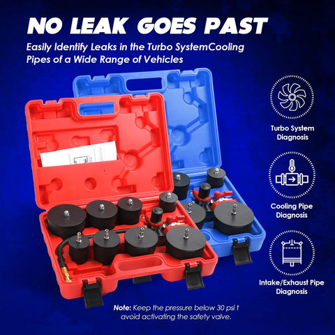 Front view of a 10-piece turbo system leakage tester kit in a red-blue plastic case with black adapter caps.
