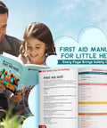 EverLIT Mini Rescue Pack first aid kit for kids, outdoor scene with a man and child reading a colorful first aid guide.