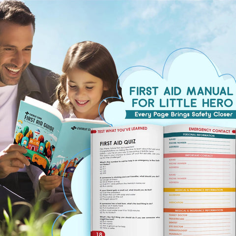 EverLIT Mini Rescue Pack first aid kit for kids, outdoor scene with a man and child reading a colorful first aid guide.