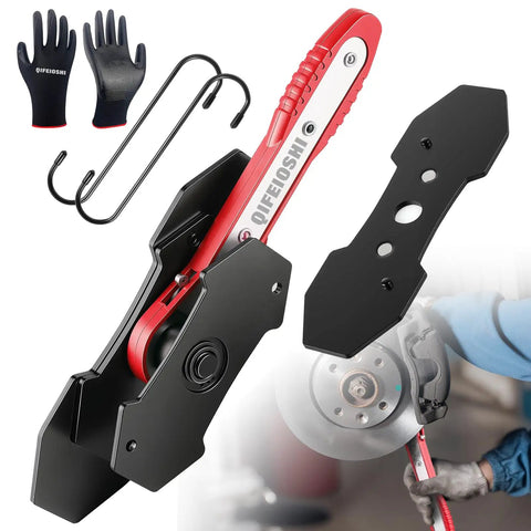 4 In 1 Universal Brake Caliper Tool With 360 Degree Swivel Ratcheting For Smooth One Hand Caliper Retraction For Pro Grade Auto Brake Repairs In Shop Or At Home Includes Two Rubber Hooks And Gloves Red showing tool and accessories.