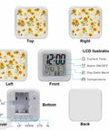 Compact Digital Alarm Clock With Cute Sunflower Butterfly Cube Shape Silent Sweep Motor And Soft Led Glow Includes Built In Snooze Button Shows Time Date And Room Temp, showing top, front, and back view.