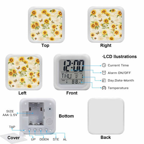 Compact Digital Alarm Clock With Cute Sunflower Butterfly Cube Shape Silent Sweep Motor And Soft Led Glow Includes Built In Snooze Button Shows Time Date And Room Temp, showing top, front, and back view.