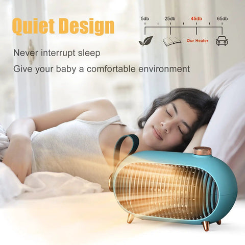 Woman sleeping peacefully with Portable Mini Space Heater For Home And Office, Energy Efficient With Overheat Protection, Three Heat Modes Including 900W High And 400W Medium Plus A Cooling Fan, Retro Style Heater For Bedroom, Camping Tent, RV Trailer, Green nearby.